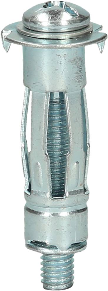 Metalowy kołek rozporowy do ścian pustych, w kolorze srebrnym, składający się ze śruby i tulei rozporowej, odpowiedni do stabilnych mocowań.