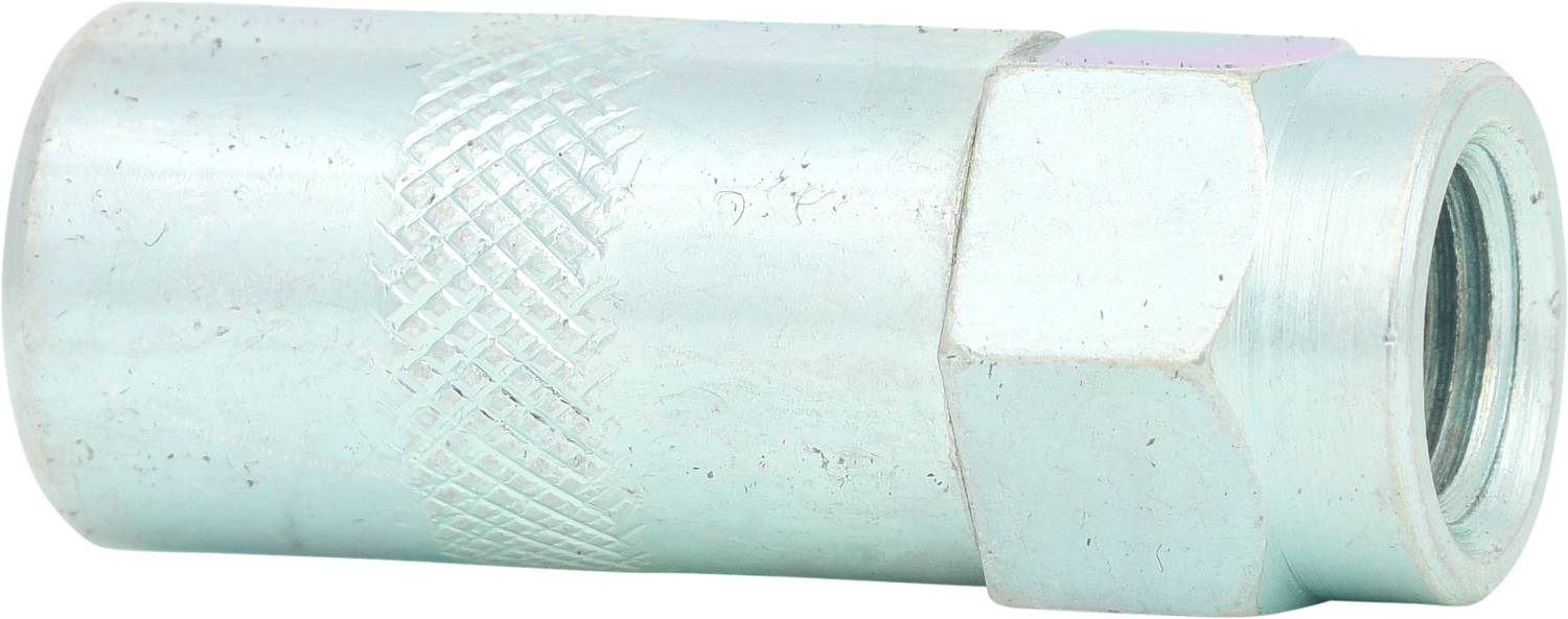 Srebrny adapter metalowy z sześciokątną nakrętką i żłobionym wzorem na powierzchni cylindrycznej.