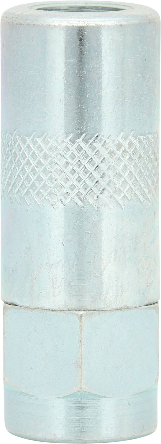 Złącze metalowe zażebrowanymi detalami pośrodku, o cylindrycznym kształcie, stosowane do połączeń w systemach hydraulicznych.