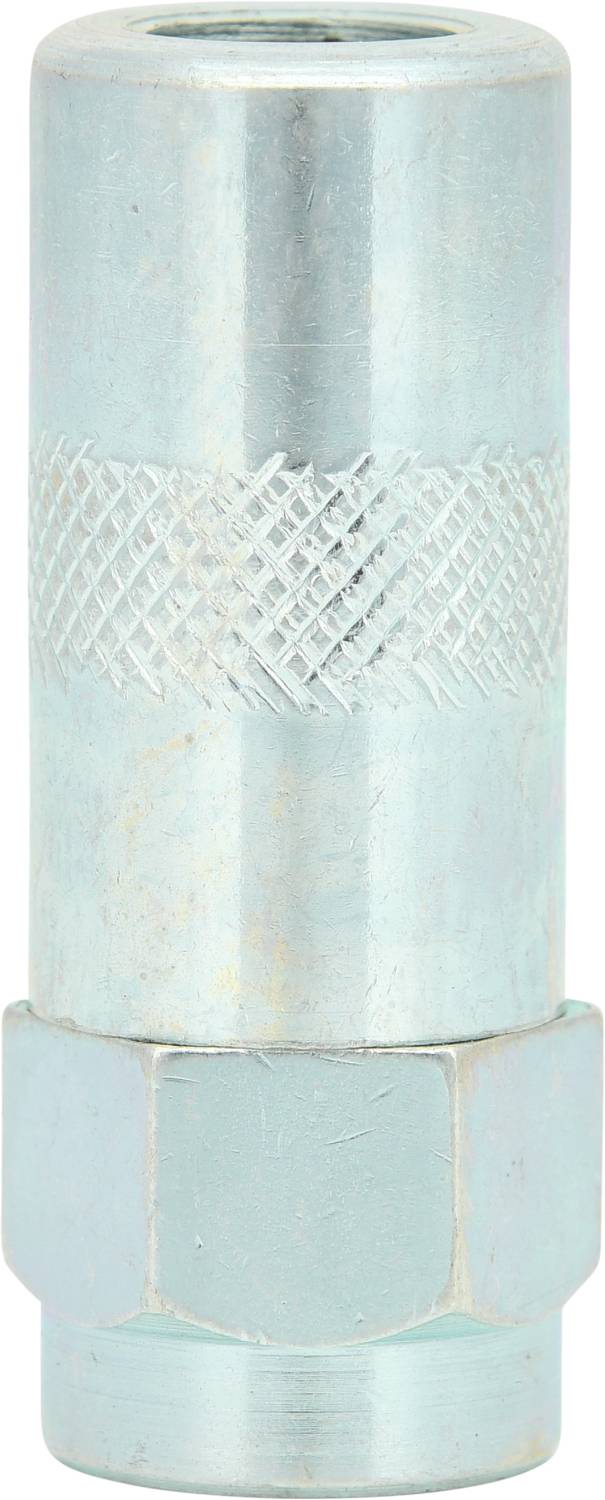 Cylindryczny adapter metalowy z rowkowaną powierzchnią pośrodku oraz gładką, błyszczącą stroną zewnętrzną.