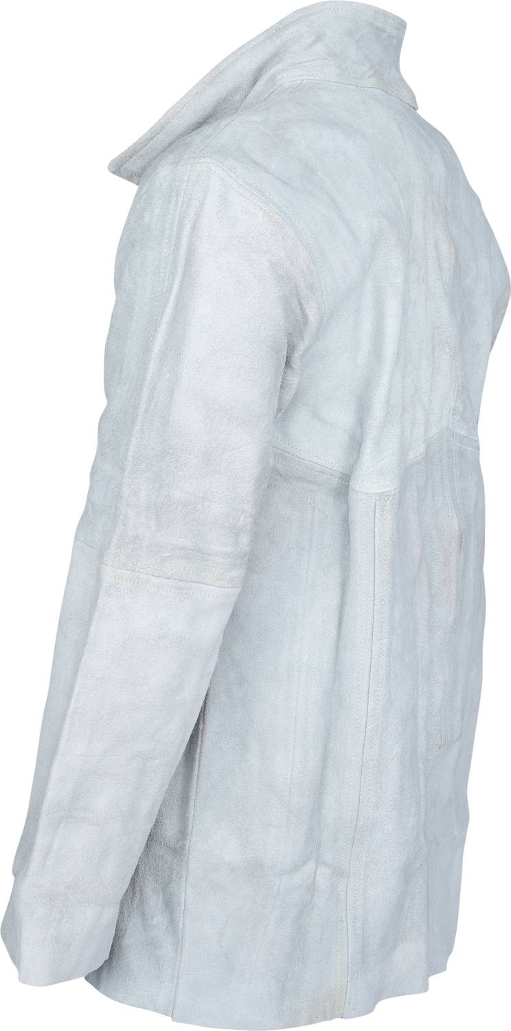 Skórzany płaszcz w jasnostalowym odcieniu, sfotografowany z boku, prezentuje szczegóły takie jak długie rękawy i kołnierz.