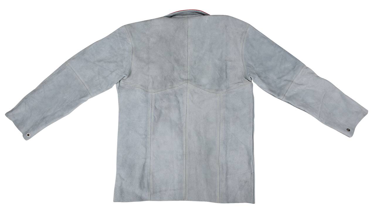 Szara skórzana kurtka widziana od tyłu, rękawy rozłożone. Prosty design bez widocznych ozdób lub kieszeni.