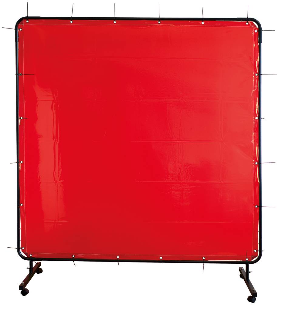 Czerwona przegroda lub ekran na kółkach na białym tle, odpowiedni do przestrzeni biurowych lub podczas organizacji wydarzeń.