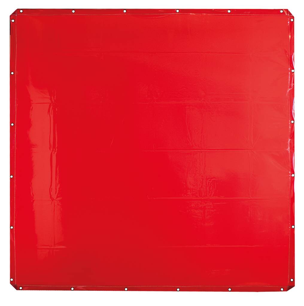 Czerwony, prostokątny materiał z otworami mocującymi na krawędziach.