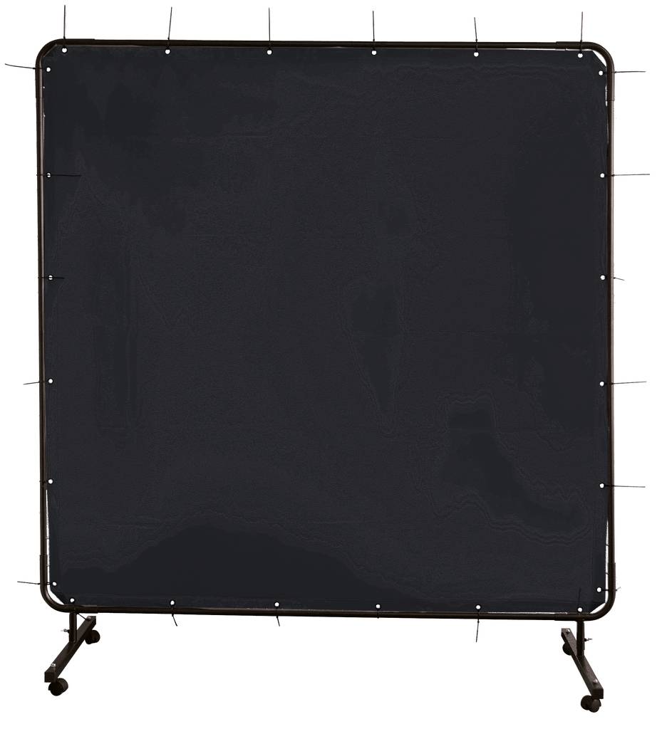 Czarny mobilny parawan z metalową ramą i kółkami, przydatny do wydzielania stref w biurach lub salach konferencyjnych.