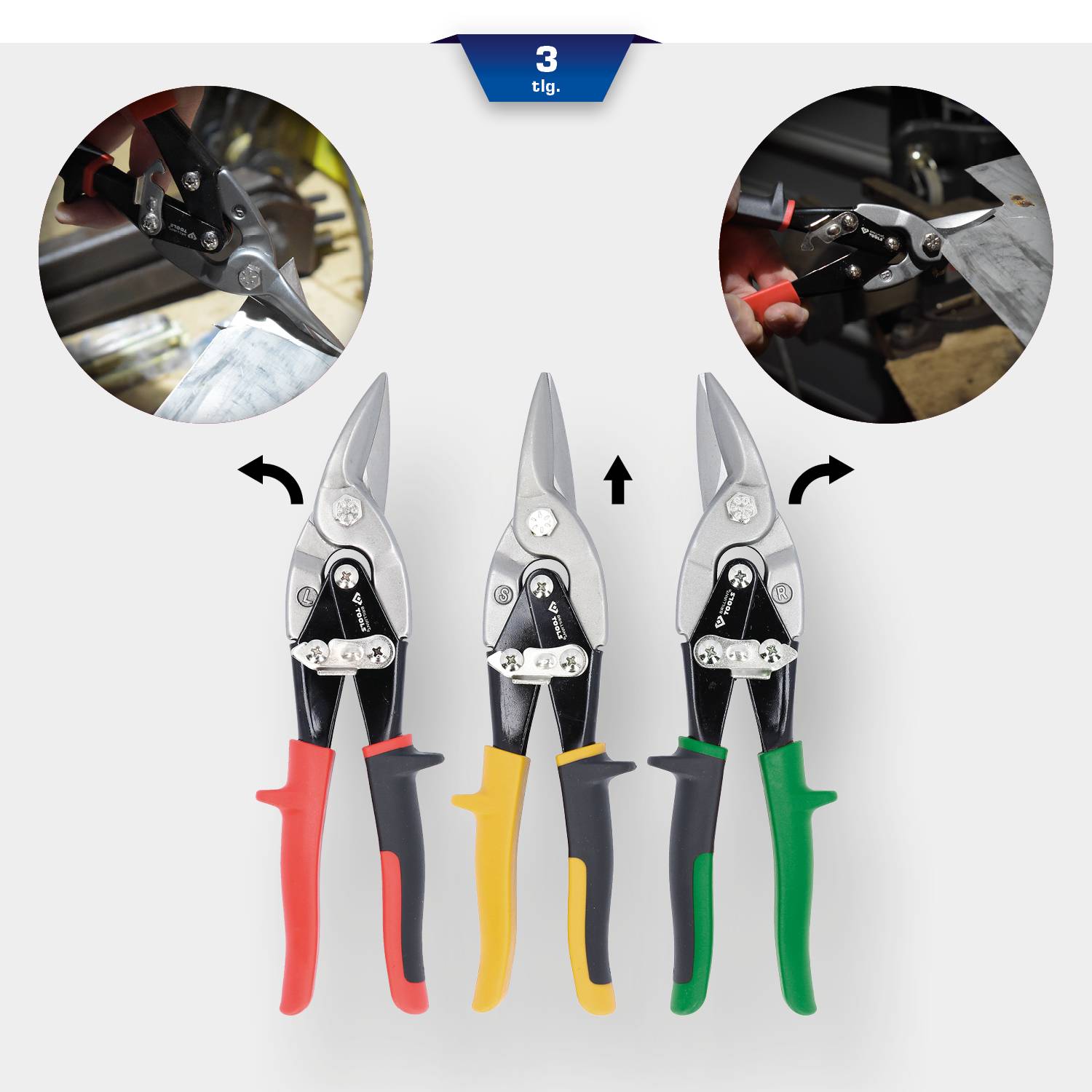Trzy nożyce do blachy z uchwytami w różnych kolorach: czerwono-czarne do cięć lewoskośnych, żółto-czarne do cięć prawoskośnych oraz zielono-czarne do cięć prostych.