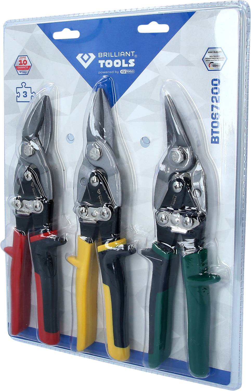 Zestaw trzech nożyc do cięcia metalu w uchwytach w kolorach czerwonym, żółtym i zielonym.