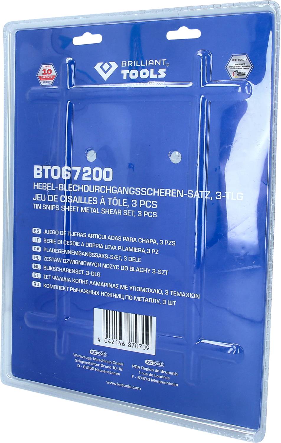 Zestaw nożyc do blachy Brilliant Tools Hebel, 3-częściowy, BTO67200. Zawiera opakowanie z niebieskim tłem.