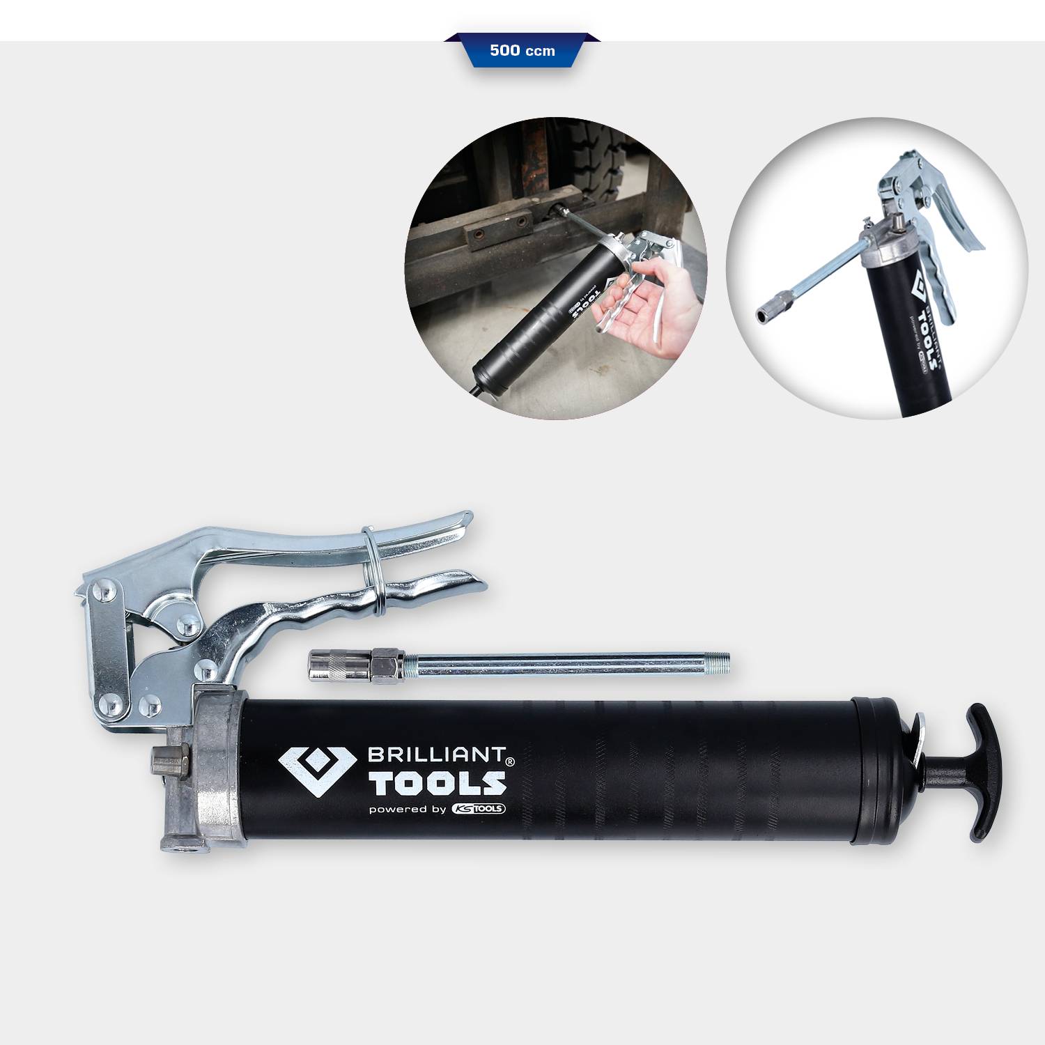Ręczna prasa do smaru z mechanizmem dźwigniowym i dyszą, w kolorze czarnym, z logo marki 'BRILLIANT TOOLS', o pojemności 500 cm³.