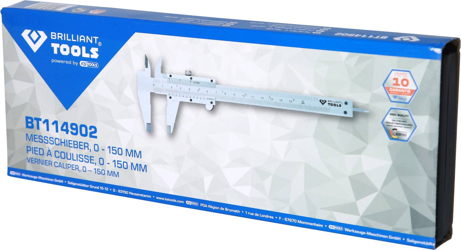 Opakowanie suwmiarki firmy 'Brilliant Tools', 0–150 mm, z oznaczeniem CE i 10-letnią gwarancją.