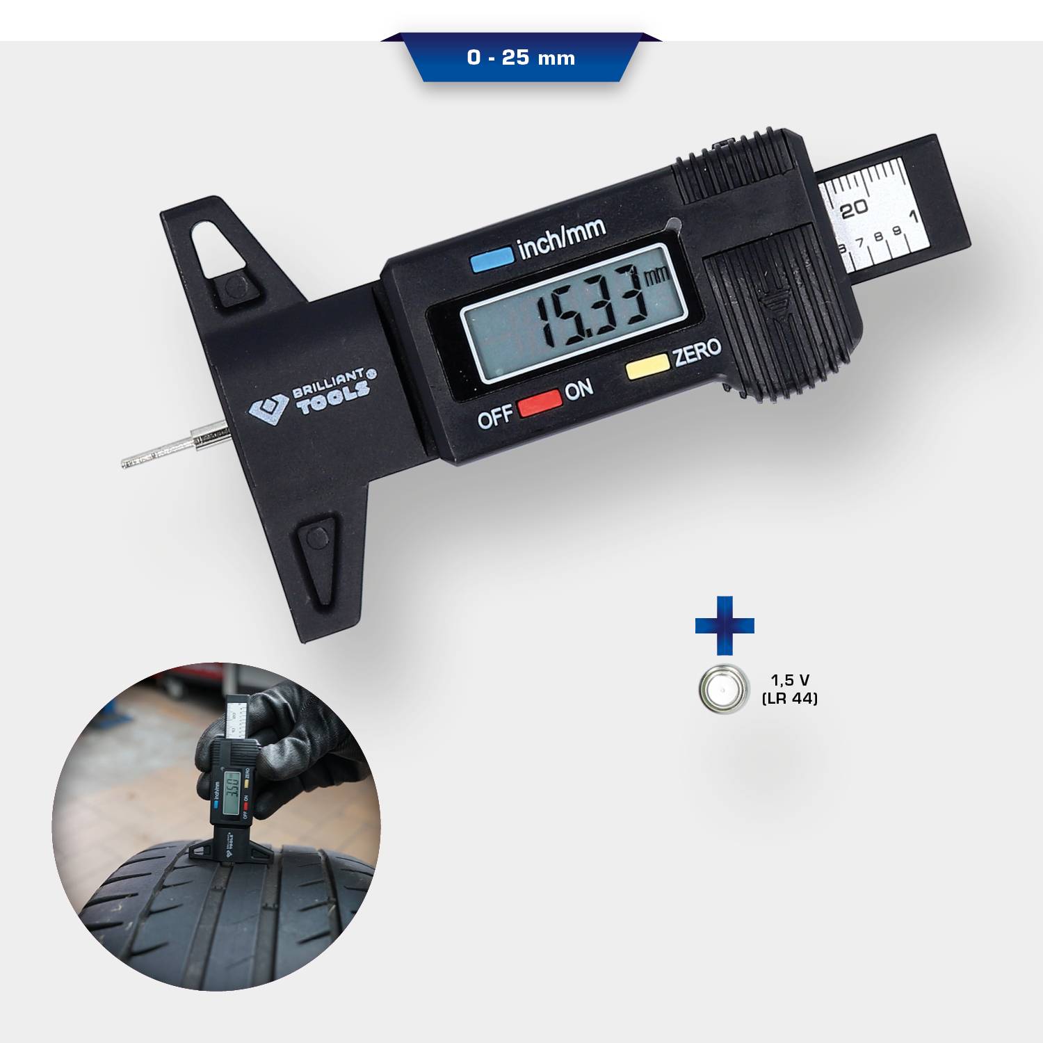 Suwmiarka z wyświetlaczem cyfrowym wskazuje '15,33 mm'. Mała ilustracja przedstawia pomiar głębokości bieżnika opony samochodowej.