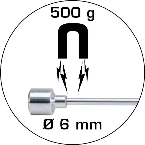 Magnes o sile przyciągania 500 g i średnicy 6 mm. Pręt magnetyczny z metalowym czubkiem i symbolami błyskawicy przedstawiającymi siłę magnetycznego przyciągania.