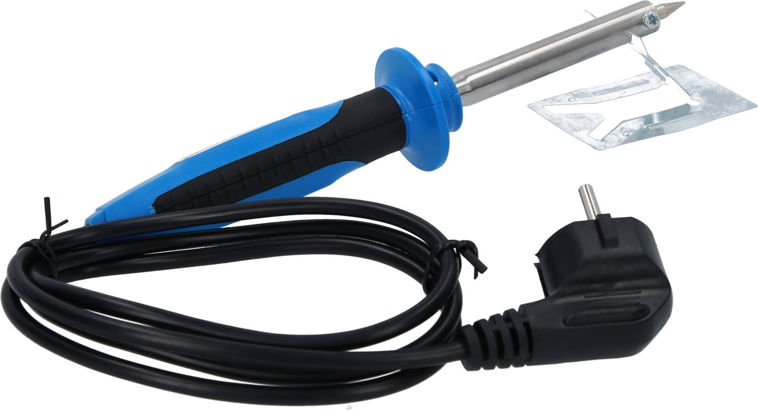 Niebieski i czarny lutownik z długim przewodem i wtyczką. Metalowy koniec jest spiczasty i odpowiedni do prac lutowniczych.