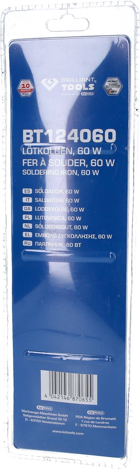 Opakowanie 60-watowego lutownicy. Zawiera tabele ze szczegółami technicznymi i symbolami. Główny tekst: 'BT124060 Lutow.-Fe 60 W'.