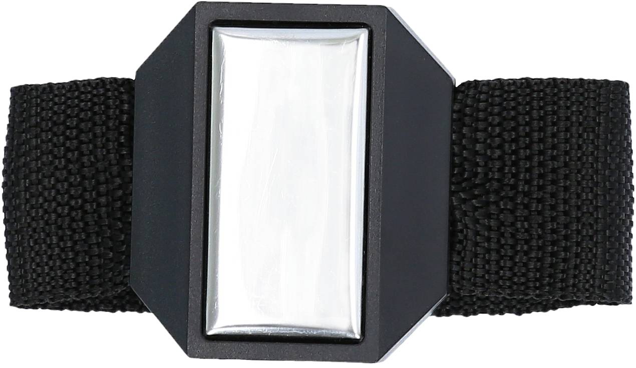 Czarno-szara bransoletka z prostokątną metalową klamrą, minimalistyczny design, idealna jako modny dodatek.