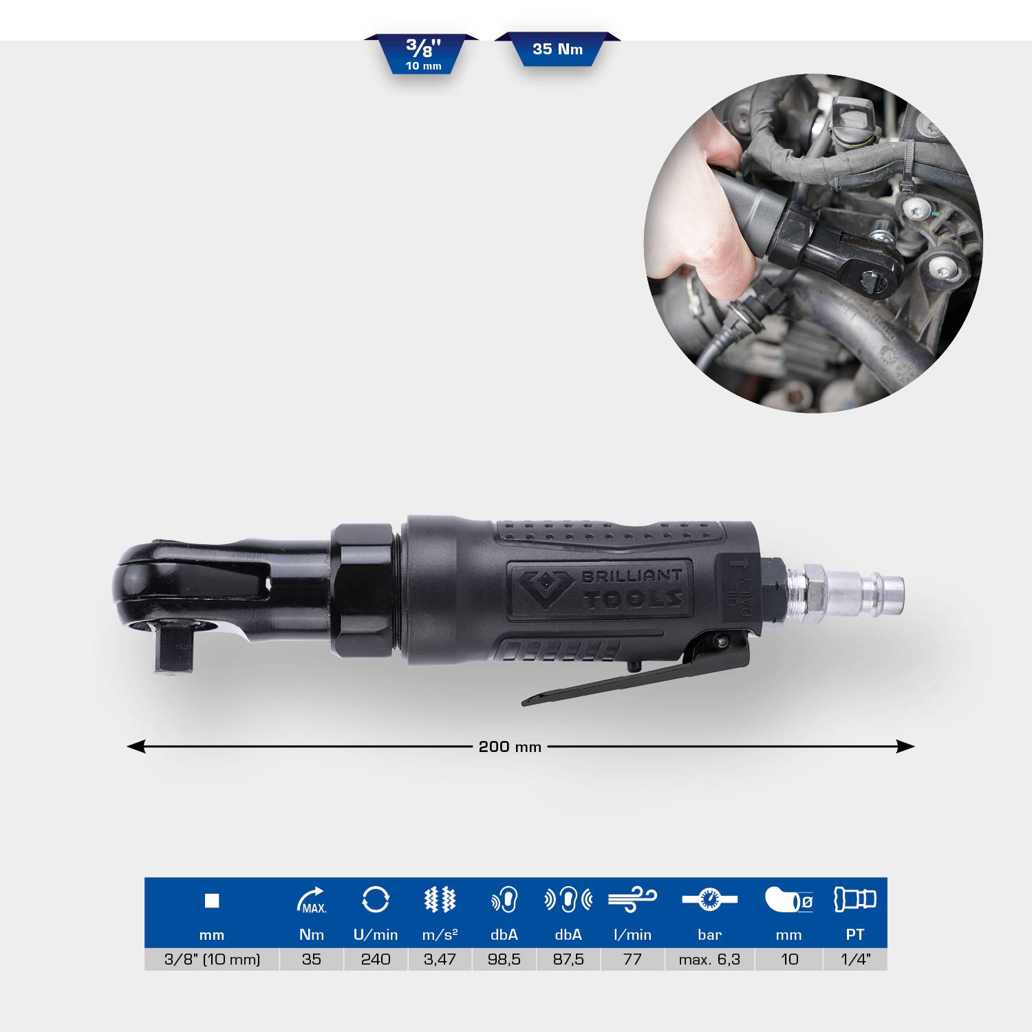 Pneumatyczny klucz zapadkowy marki Brilliant Tools, długość 200 mm, maksymalny moment obrotowy 35 Nm. Grafika przedstawia dane techniczne. Na górze szczegółowe zdjęcie narzędzia w działaniu.