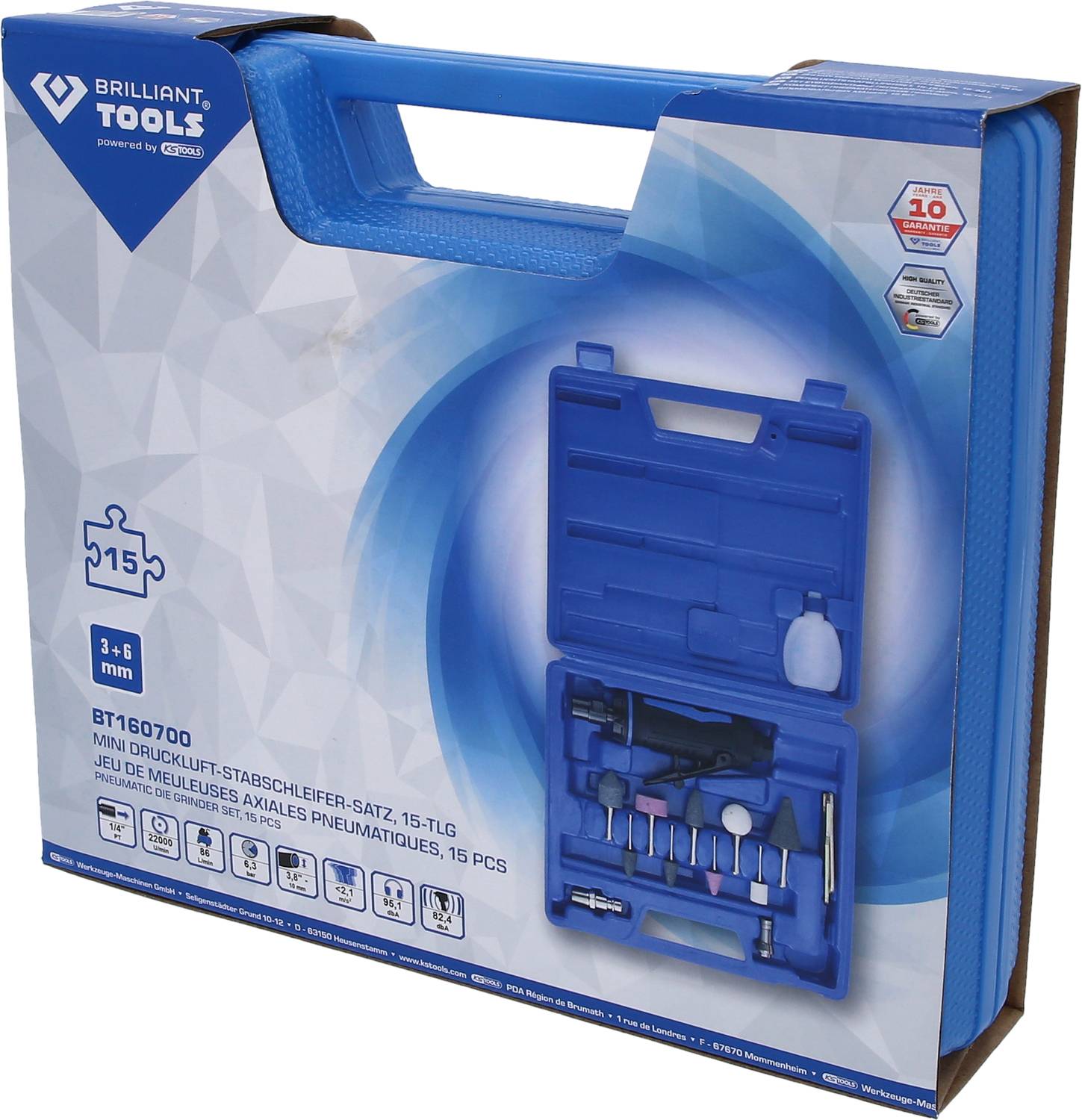 Zestaw narzędzi 'Brilliant Tools' z mini pneumatycznym szlifierem prostym, 15-elementowy. Zawiera akcesoria i końcówki, idealny do prac precyzyjnych.