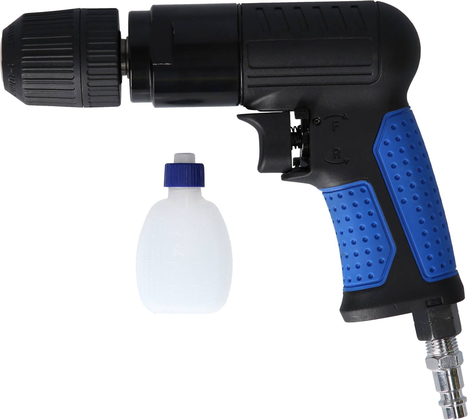 Czarna pneumatyczna wiertarka z niebieskim uchwytem, obok małego białego pojemnika na olej, na białym tle.