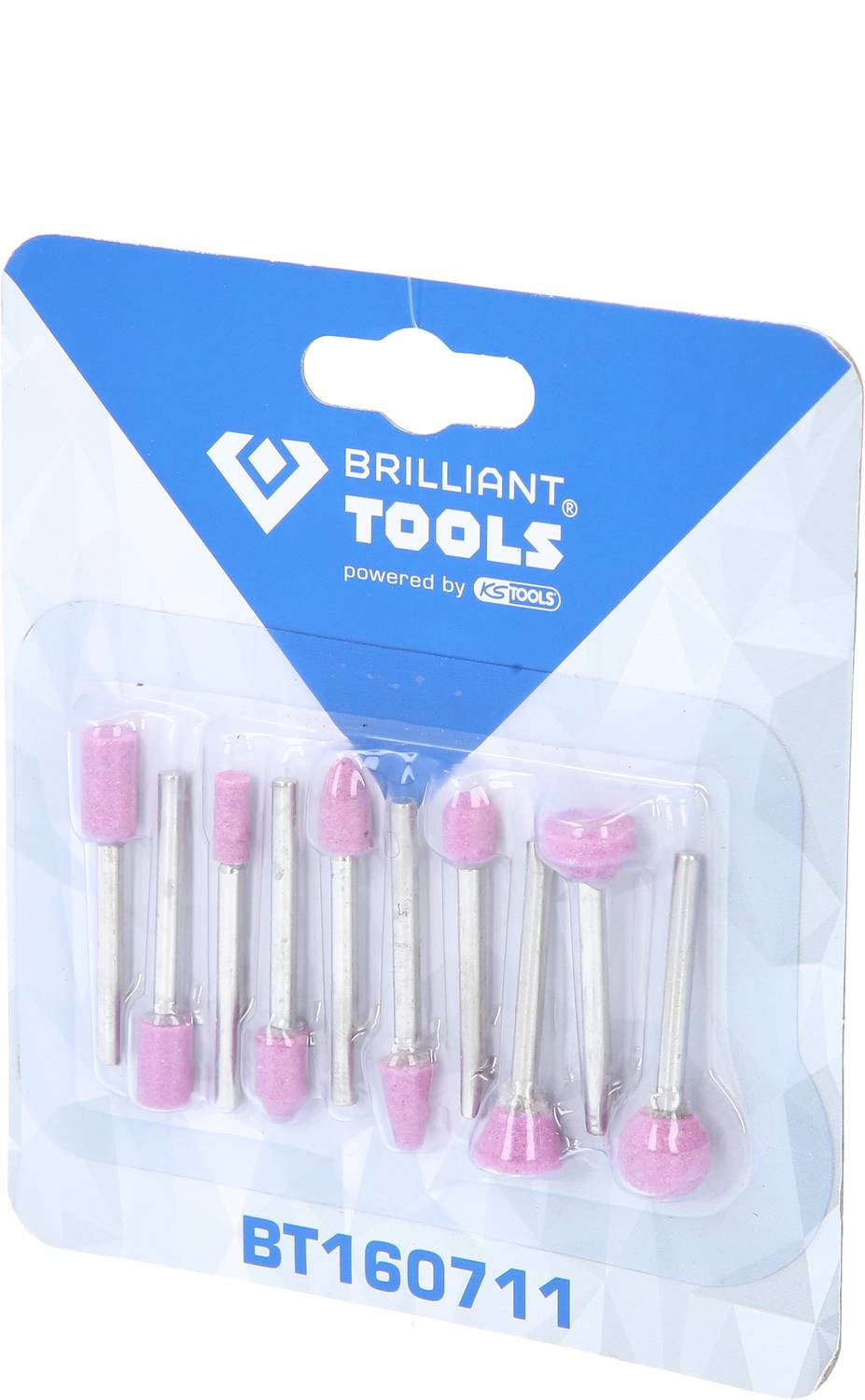 Opakowanie zawierające dziesięć różowych głowic szlifierskich marki 'Brilliant Tools', numer produktu BT160711.