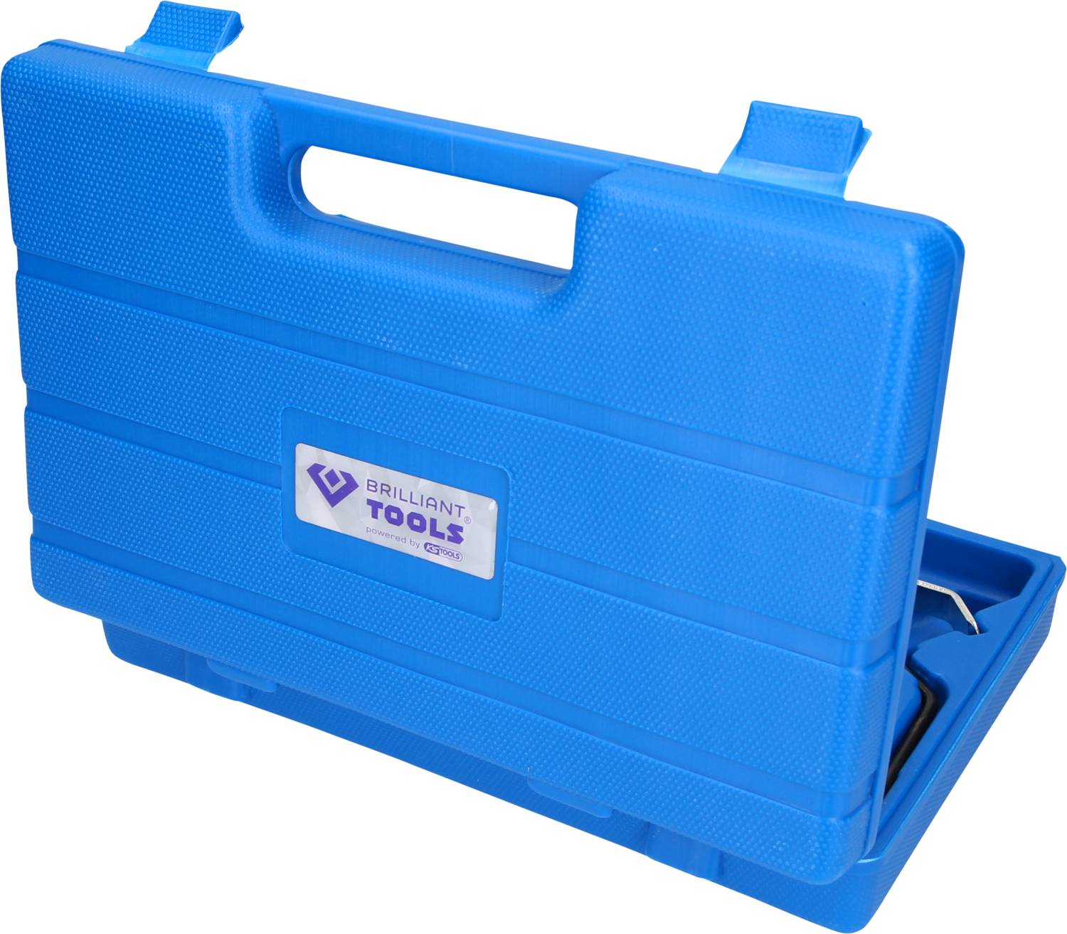 Niebieski walizka na narzędzia z uchwytem i nadrukowanym logo marki Brilliant Tools.