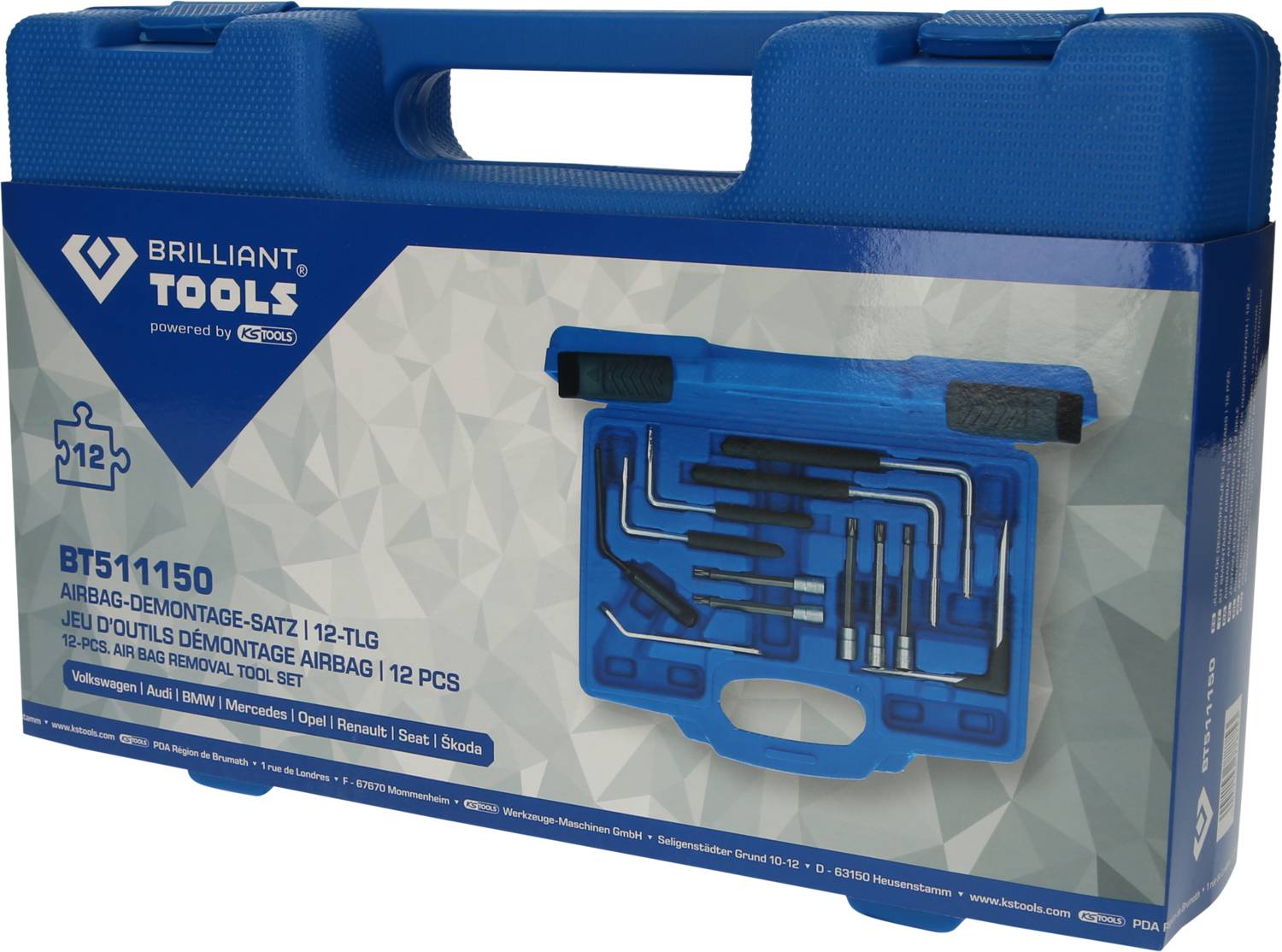 Niebieski twardy kufer na zestaw narzędzi do demontażu poduszek powietrznych, 12-częściowy. Zawiera różne narzędzia do bezpiecznej obsługi poduszek powietrznych.