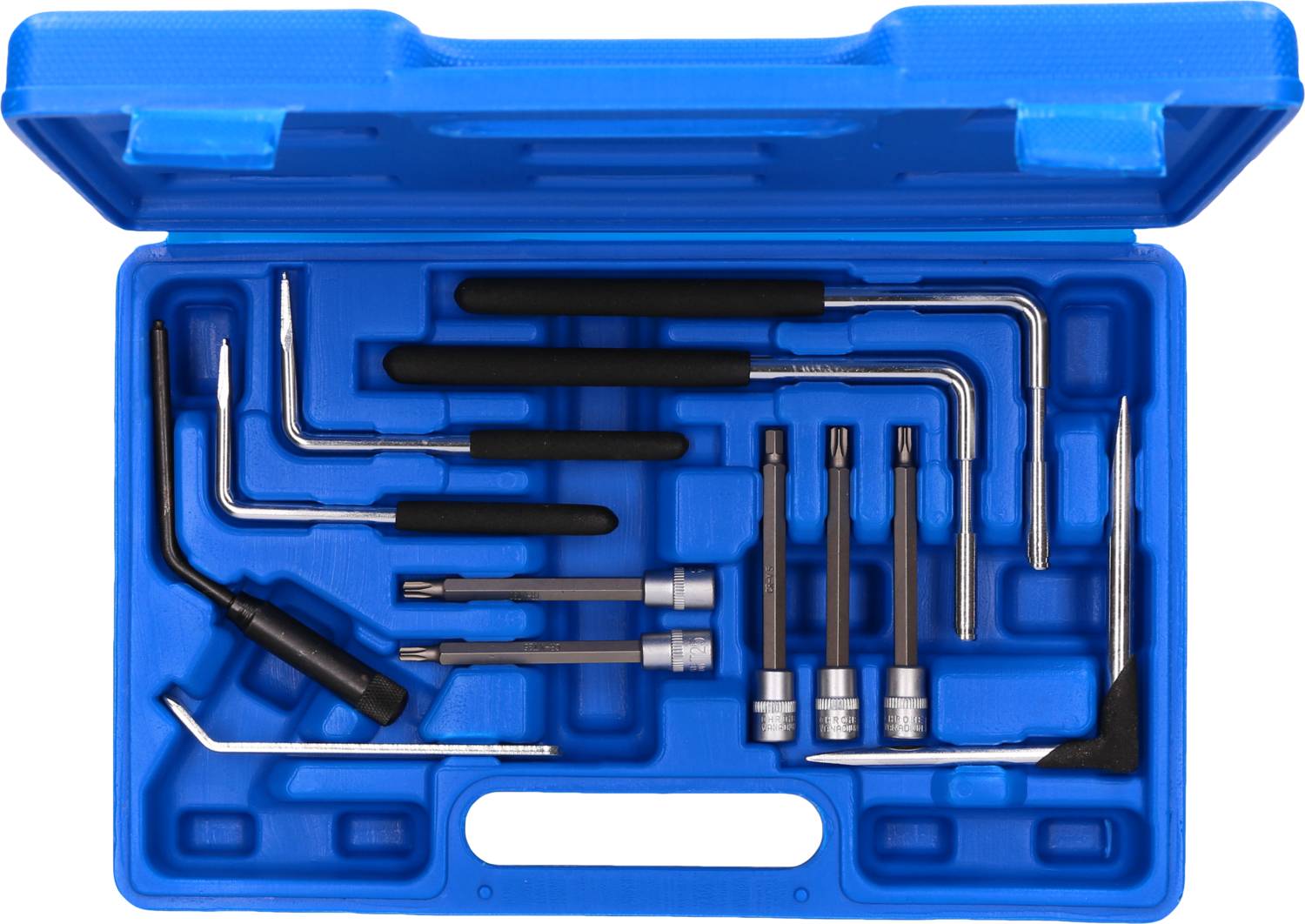 Niebieski skrzynka narzędziowa z szeroką gamą precyzyjnych narzędzi, w tym haków i wkrętaków, ułożonych w schludnym porządku.