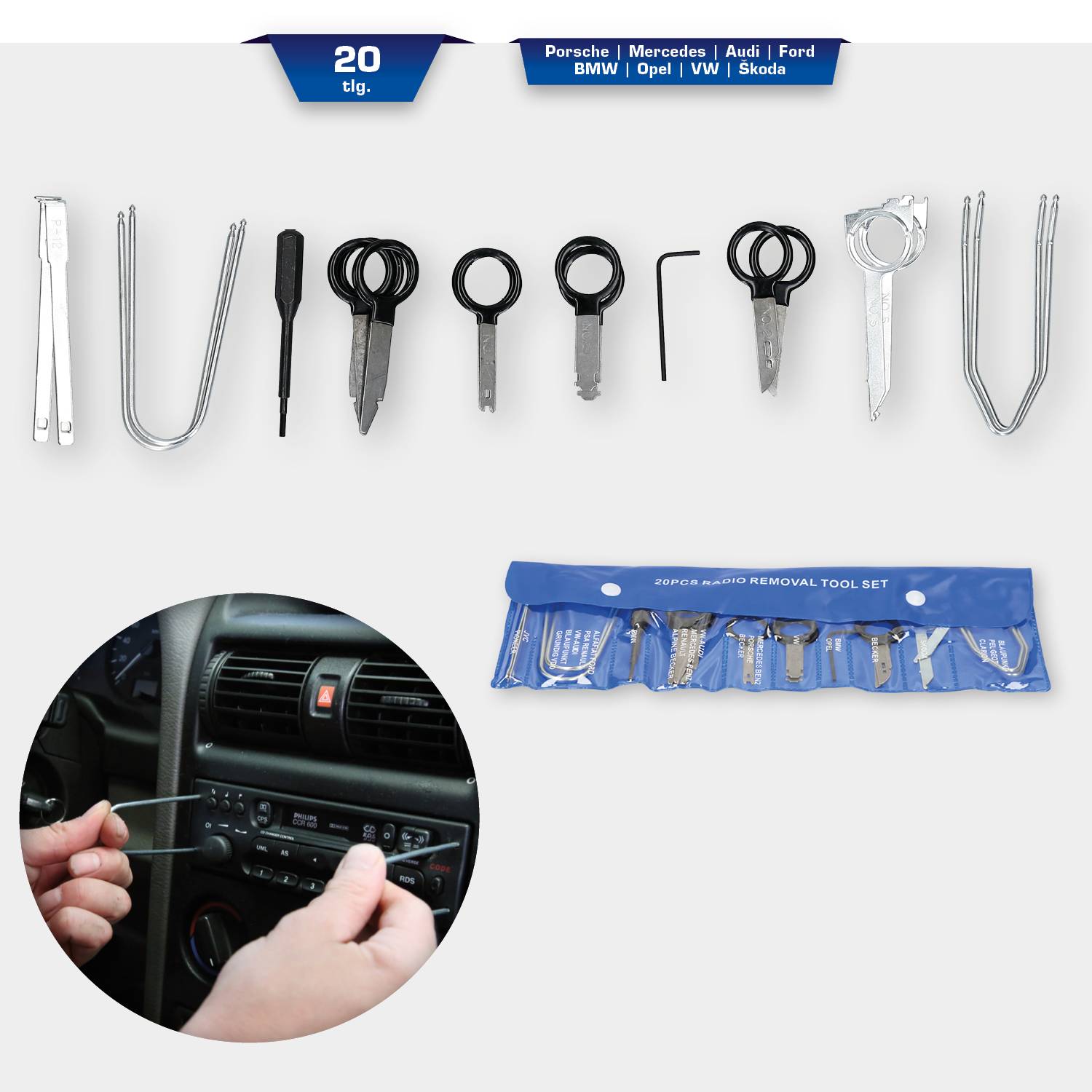 20-elementowy zestaw narzędzi do demontażu radia samochodowego z różnymi narzędziami do wyciągania radiów. Marki: Porsche, Mercedes, Audi, Ford, BMW, Opel, VW, Skoda.