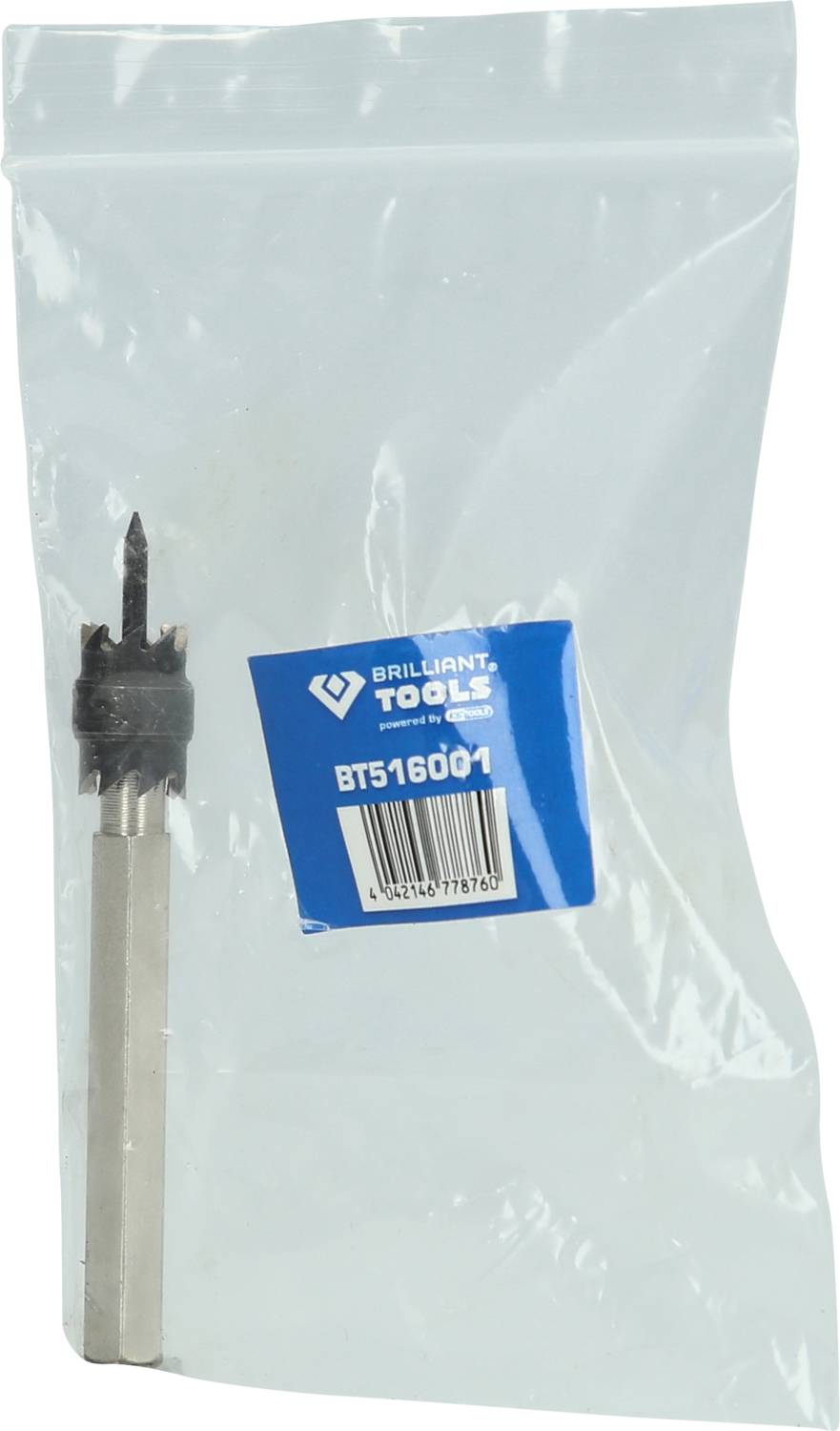 Świder Forstner w przezroczystym woreczku plastikowym z niebieską etykietą, na której widnieje napis 'BRILLIANT TOOLS BT516001'.