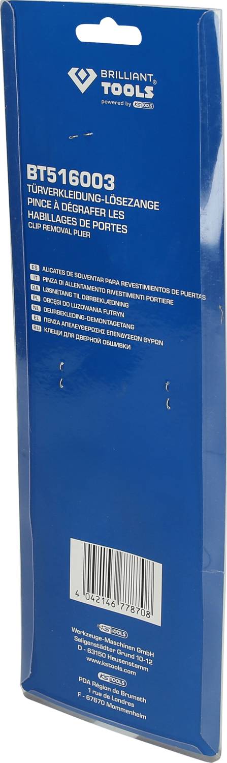 Szczypce do demontażu okładzin drzwiowych Opakowanie produktu w kolorze niebieskim z numerem modelu 'BT516003'.