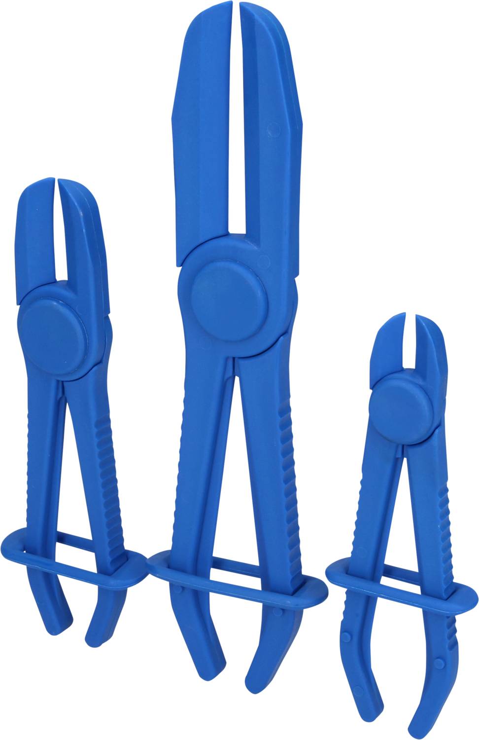 Trzy niebieskie szczypce zaciskowe z tworzywa sztucznego w różnych rozmiarach, ustawione pionowo obok siebie.