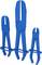 Trzy niebieskie szczypce zaciskowe z tworzywa sztucznego w różnych rozmiarach, ustawione pionowo obok siebie.