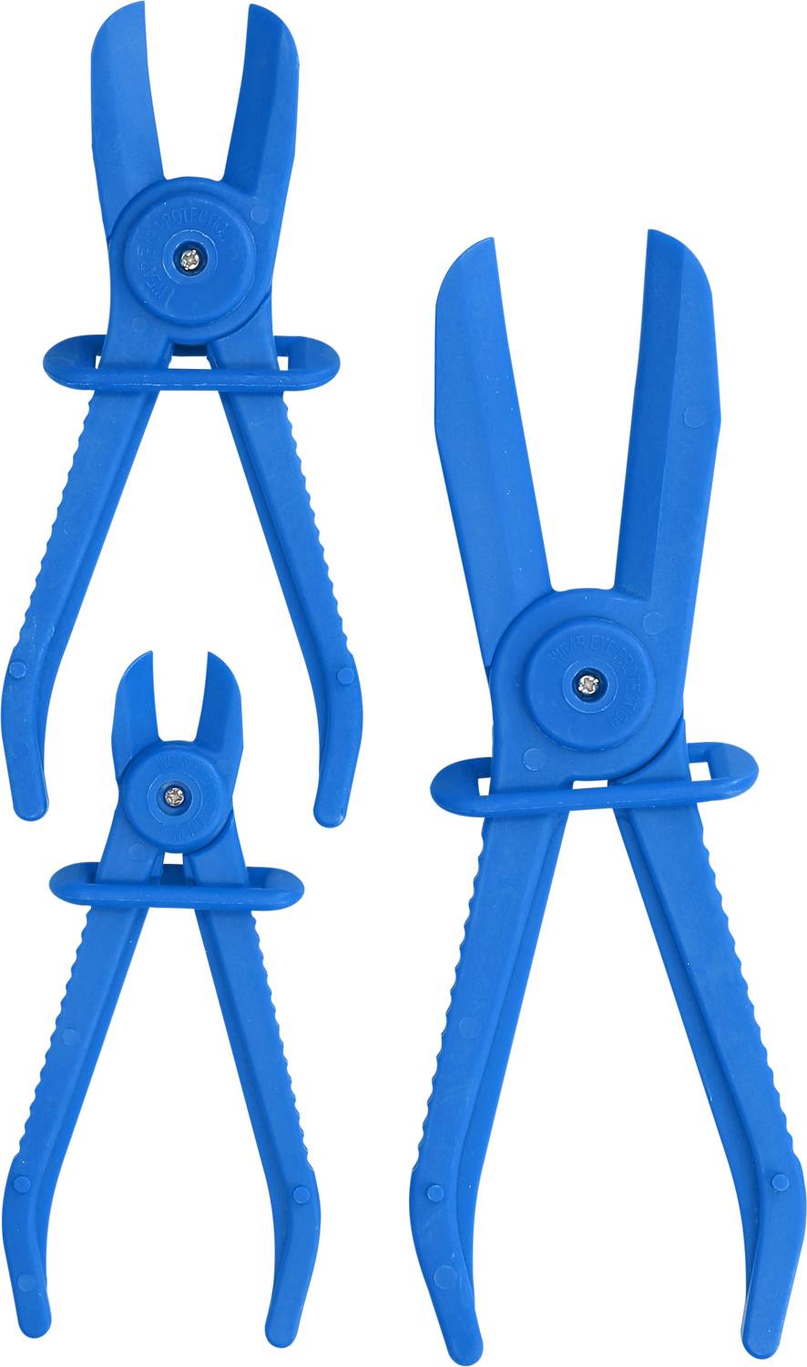 Niebieski zestaw narzędzi blokujących z tworzywa sztucznego w trzech rozmiarach, używany do zabezpieczania części mechanicznych lub przewodów w pojazdach.