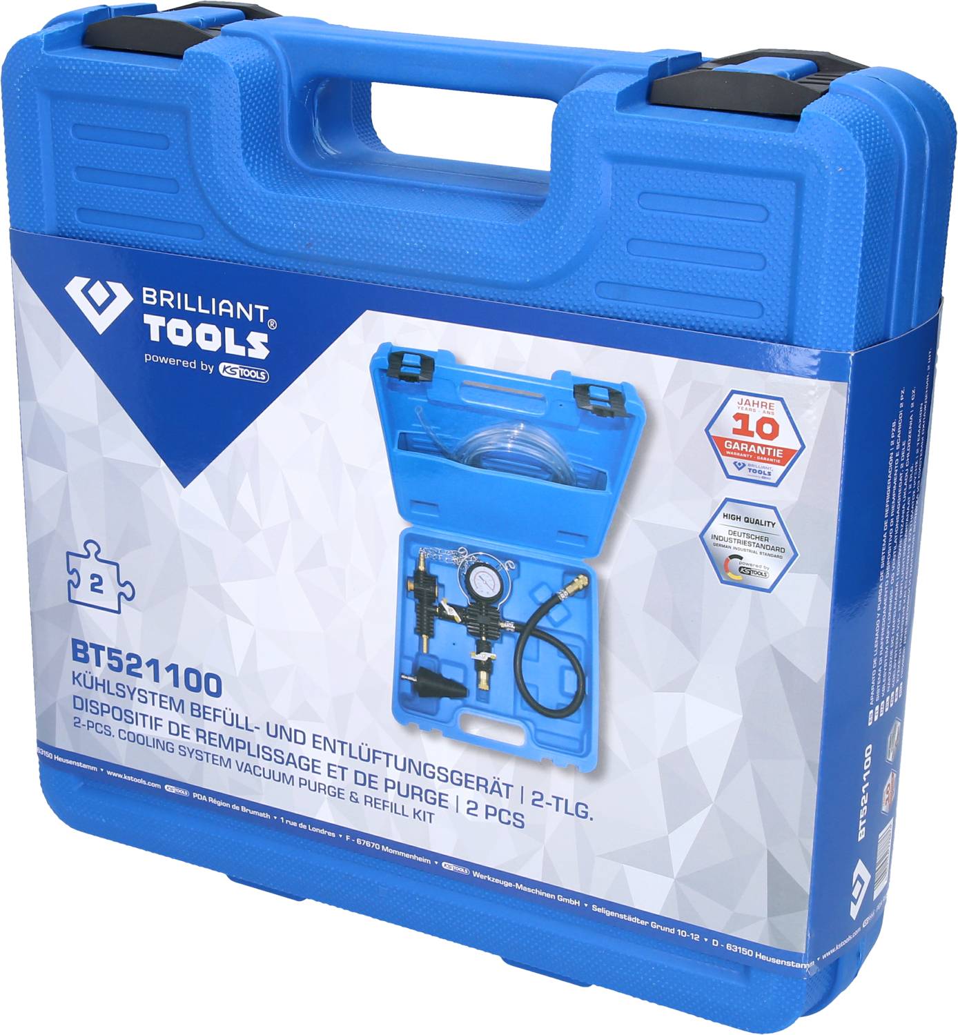 Niebieski kufer z urządzeniem do napełniania i odpowietrzania środka chłodzącego. Zawiera miernik ciśnienia i przewody. Widoczne logo 'BRILLIANT TOOLS' oraz szczegóły produktu.
