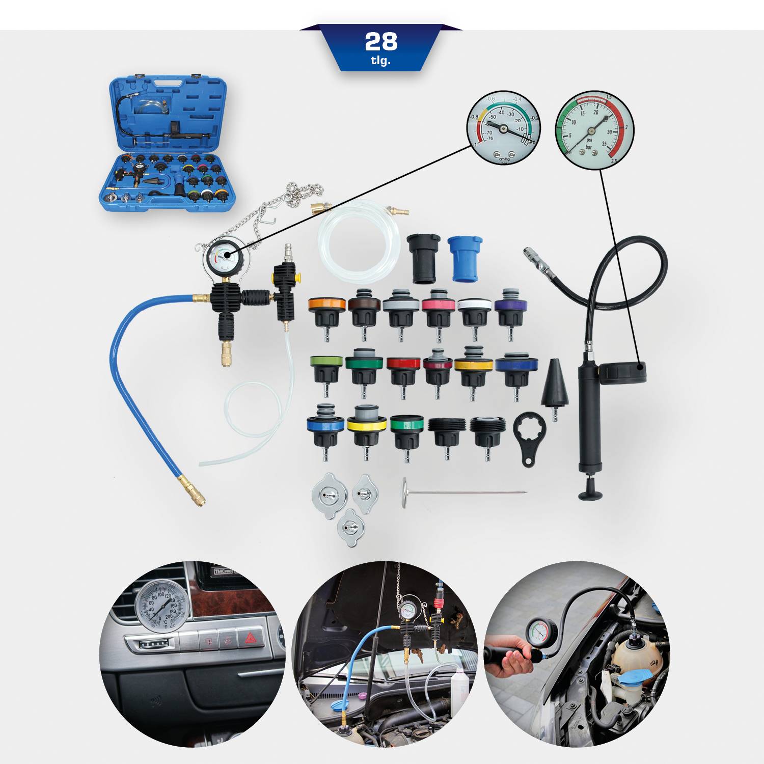 Zestaw diagnostyczny do systemu chłodzenia pojazdu z 28 elementami: manometr do pomiaru ciśnienia, adaptery, złączki i przewody. Stosowany w silnikach.