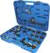 Niebieski walizka narzędziowa z różnymi adapterami i manometrem, wyspecjalizowana w zastosowaniach do testowania układów chłodzenia w pojazdach.