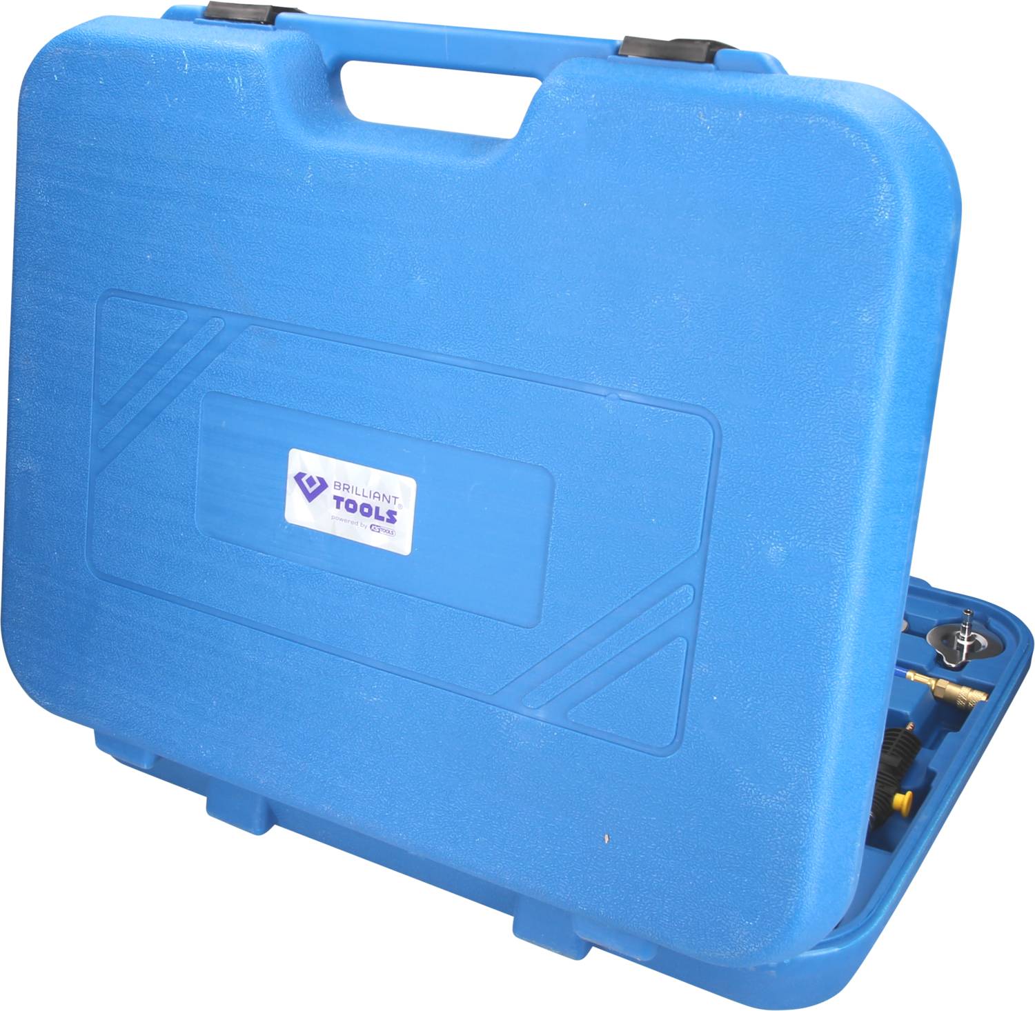 Niebieski kufer na narzędzia z logo 'TOOLS', zamknięty, z uchwytami u góry. Prawdopodobnie zawiera różne narzędzia.