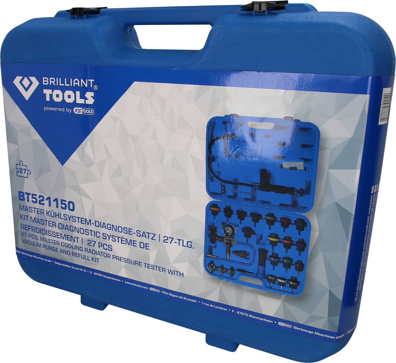 Niebieski kufer narzędziowy z napisem 'Mistrz Zestaw Diagnostyczny Systemu Chłodzenia, 27-częściowy', prezentuje otwarty kufer z narzędziami.