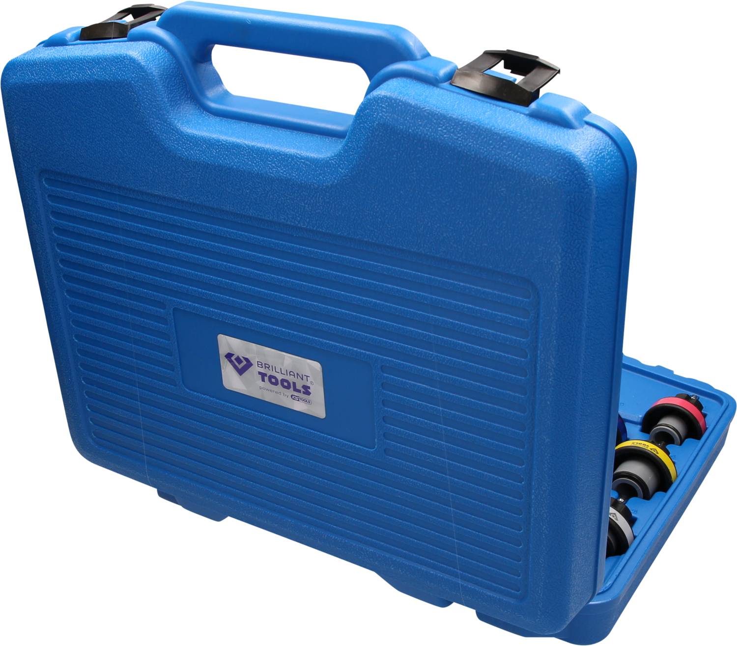 Niebieski plastikowy kufer na narzędzia z czarną rączką. Na przedniej stronie umieszczona jest etykieta z napisem 'TOOLS'.