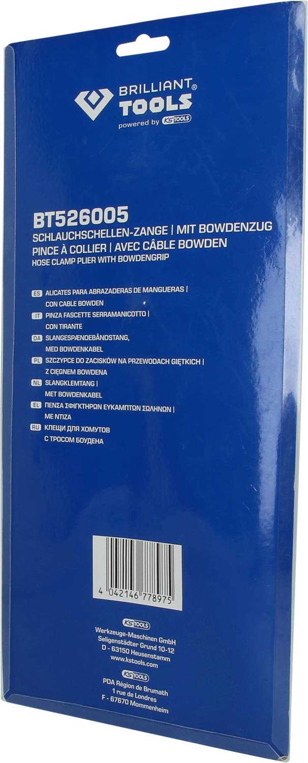 Opakowanie szczypiec do opasek zaciskowych BT526005 z linką Bowdena firmy Brilliant Tools. Opakowanie w kolorze niebieskim z opisem produktu w języku niemieckim, angielskim i francuskim.