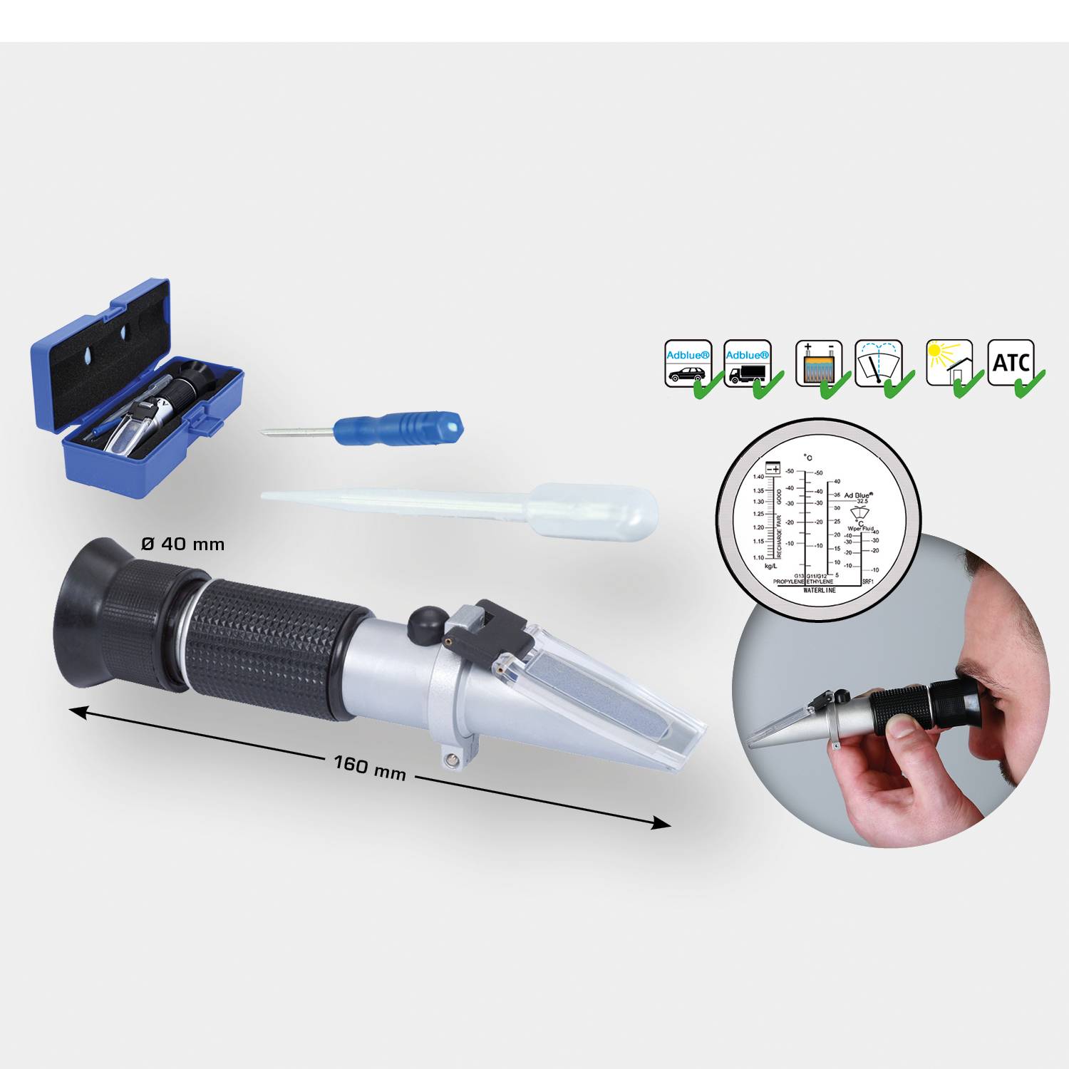 Ręczny refraktometr do pomiaru gęstości cieczy; zawiera jednostki miary, skalę na lupie, trzymany w ręku, z wyposażeniem dodatkowym.