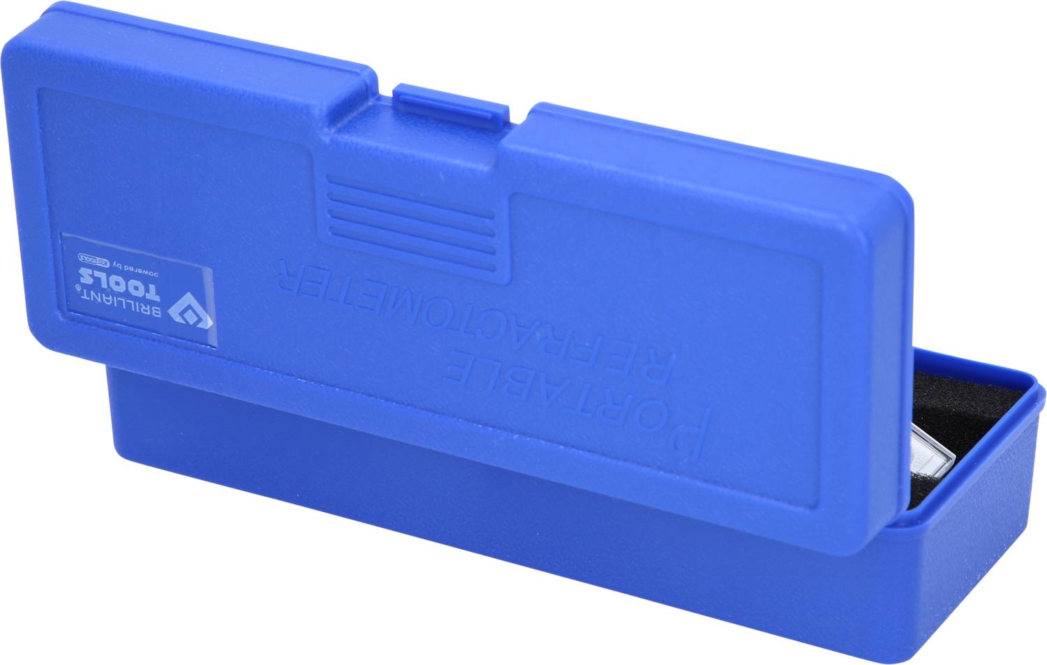 Niebieska skrzynka narzędziowa z pokrywą na zawiasach, otwarta, prezentuje uporządkowany zestaw narzędzi. Skrzynka jest oznaczona logo 'Brilliant Tools'.