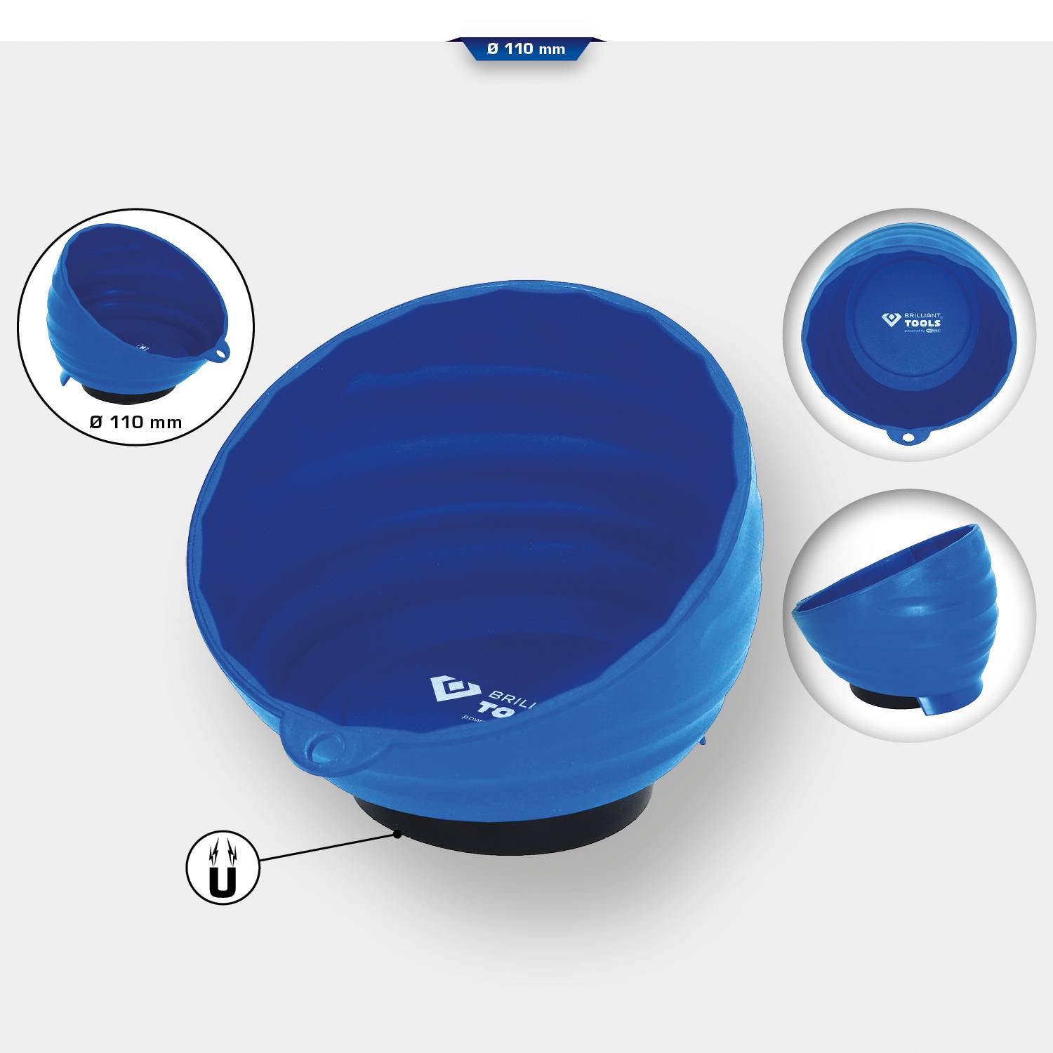 Składana, niebieska silikonowa miska, o średnicy 110 mm, z magnetycznym spodem, przedstawiona w różnych ujęciach. Idealna do narzędzi.