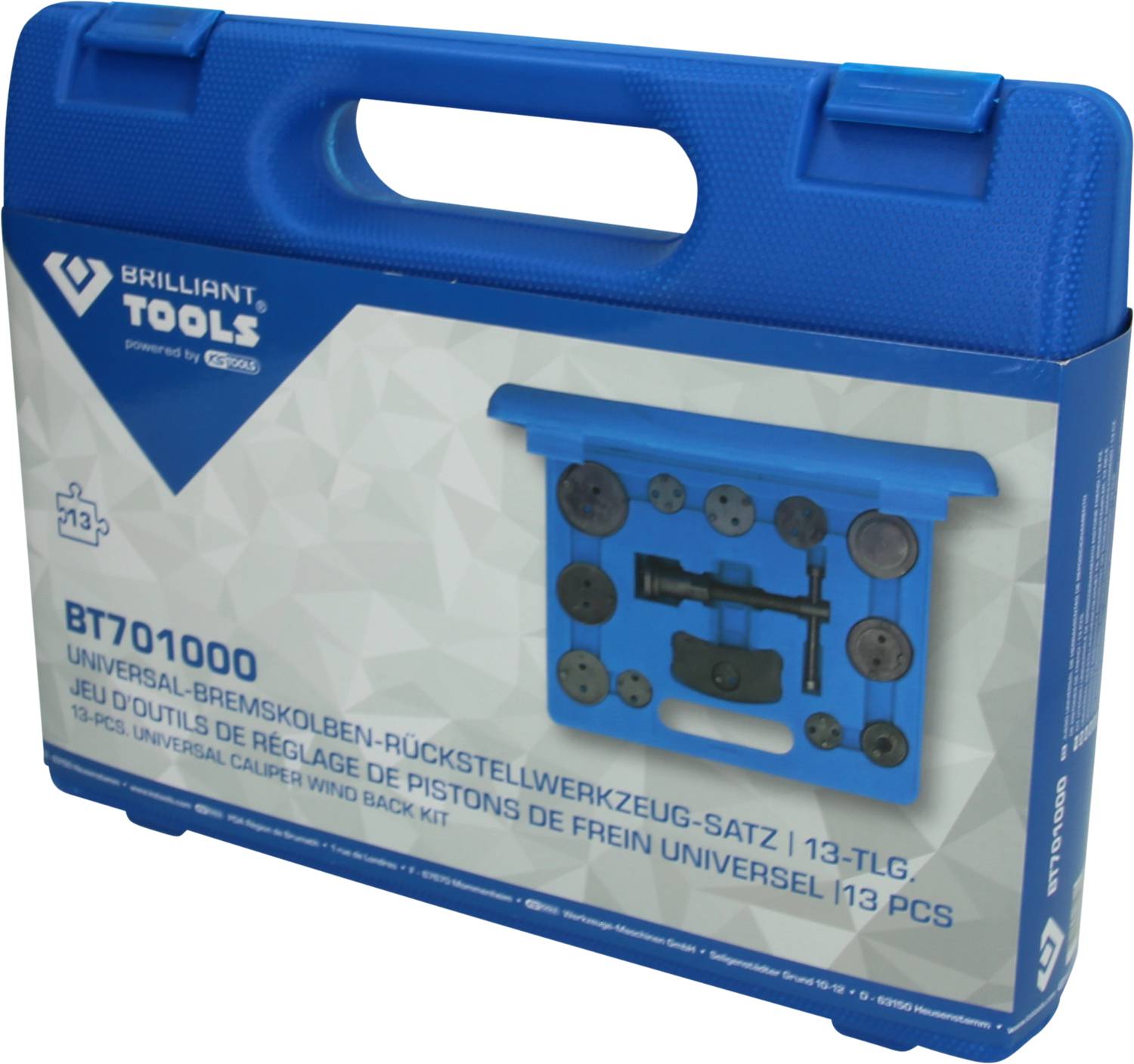 Niebieski skrzynka narzędziowa z napisem 'Uniwersalny zestaw narzędzi do cofania tłoczków hamulcowych 13-częściowy'. Zawiera narzędzia hamulcowe.