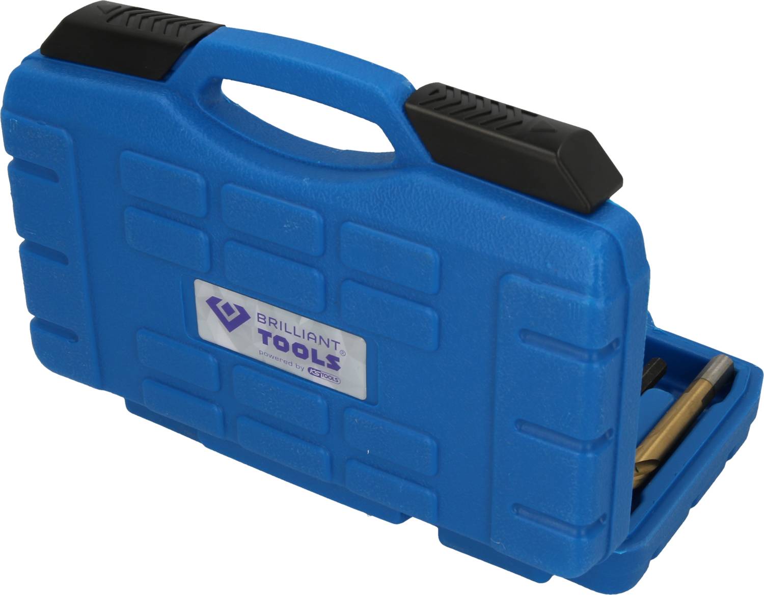 Niebieski walizka na narzędzia z czarną rączką i przegródką, częściowo otwarta, z widocznymi metalowymi narzędziami w środku.