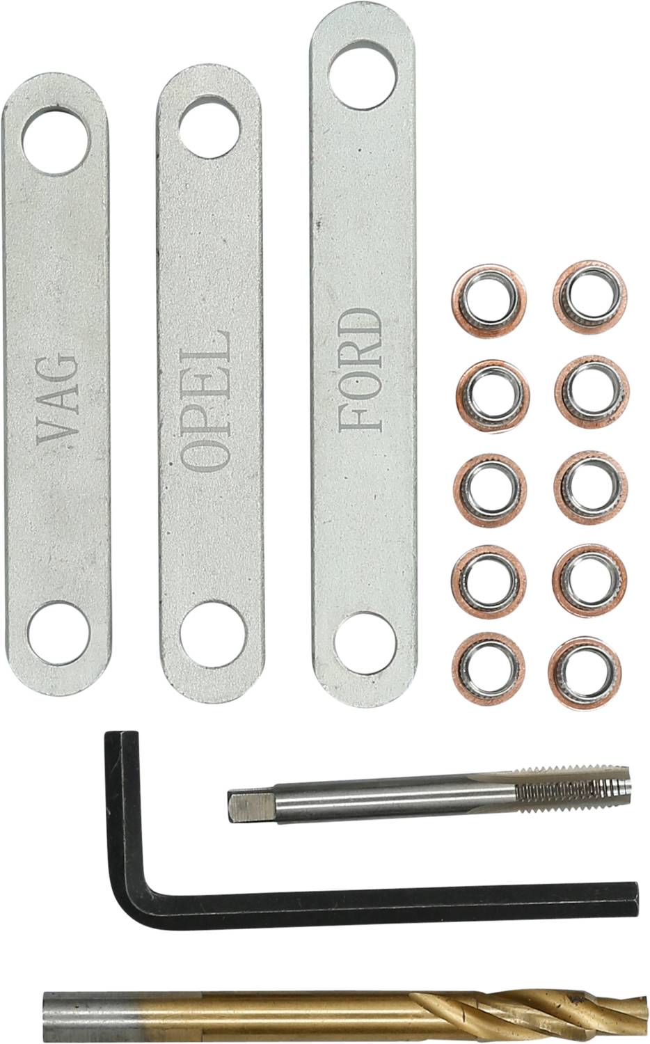 'Zestaw prętów metalowych z grawerami YAG, OPEL, FORD. Dołączone łożyska, klucz imbusowy, gwintownik oraz dwa wiertła.'