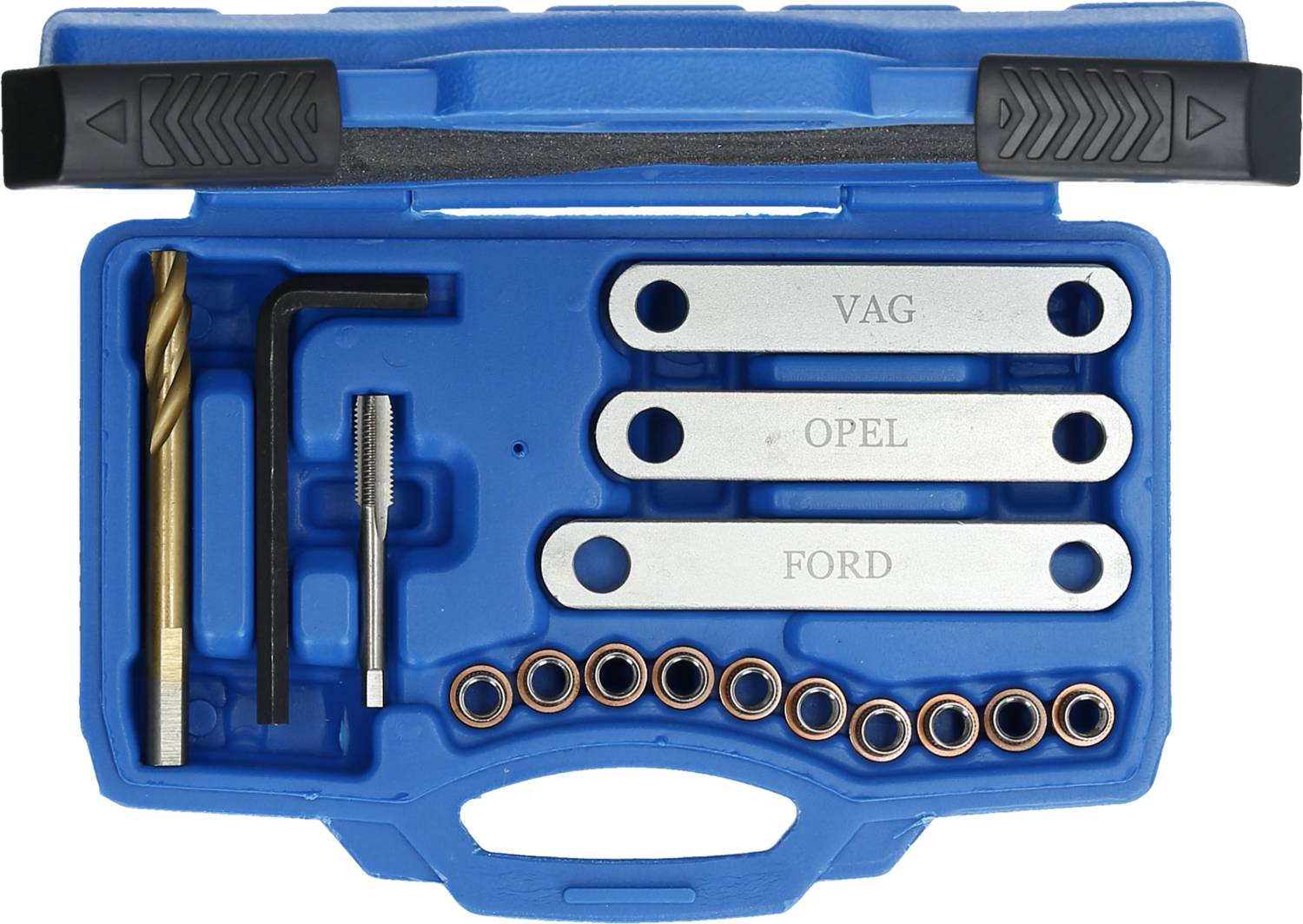 Niebieski kufer narzędziowy z narzędziami specjalistycznymi do samochodów VAG, OPEL i FORD, w tym wiertła, klucze imbusowe i gwintowniki.