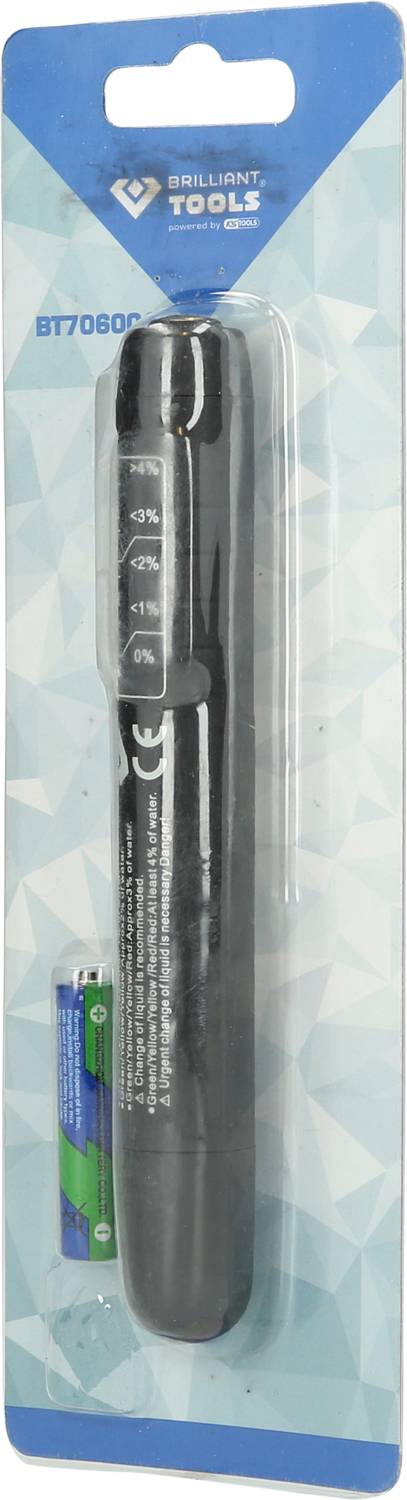 Cyfrowy miernik ciśnienia w oponach marki Brilliant Tools w plastikowym opakowaniu. Zawiera baterię AAA.