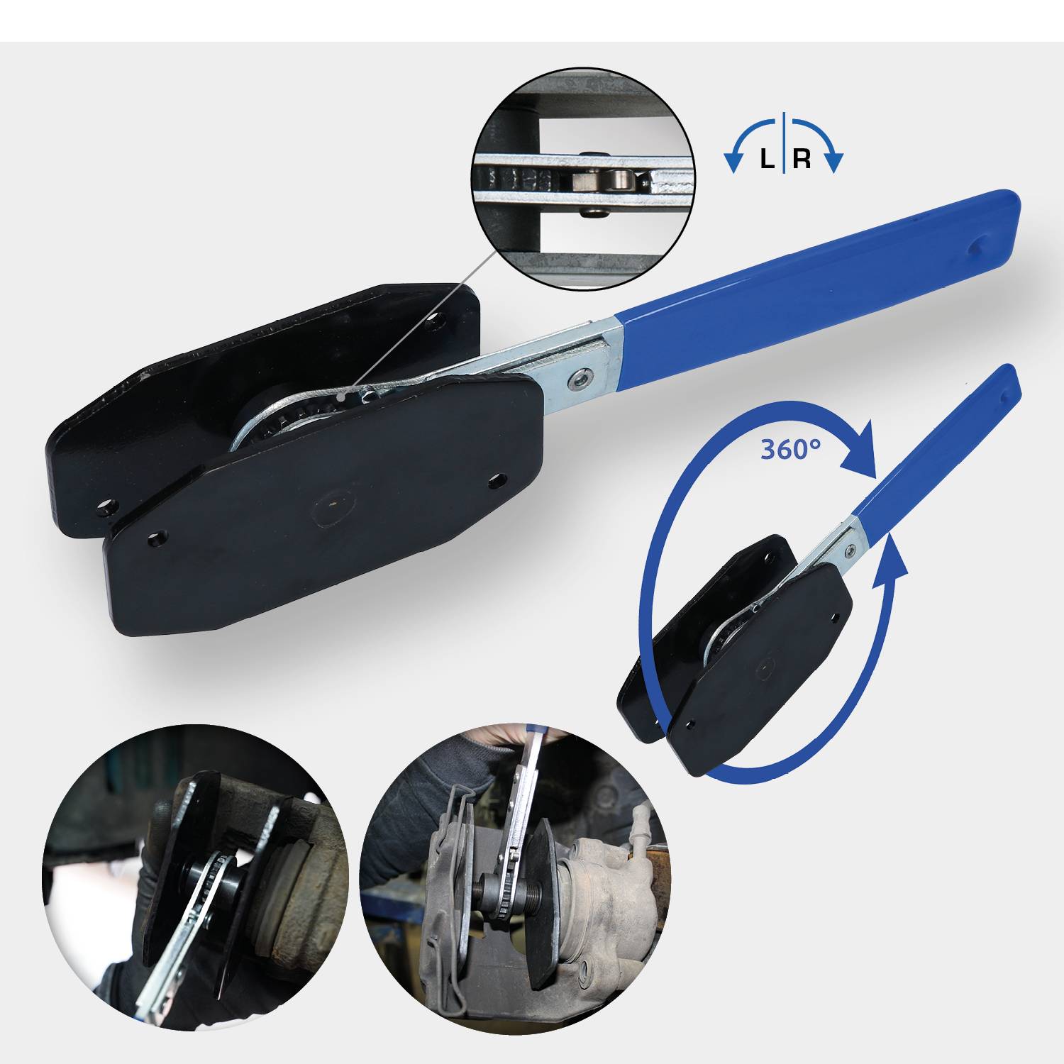 Narzędzie do hamulca ręcznego z niebieskim uchwytem obrotowym, pokazujące obrót 360 stopni. Widok szczegółowy: zastosowanie przy układzie hamulcowym samochodu.