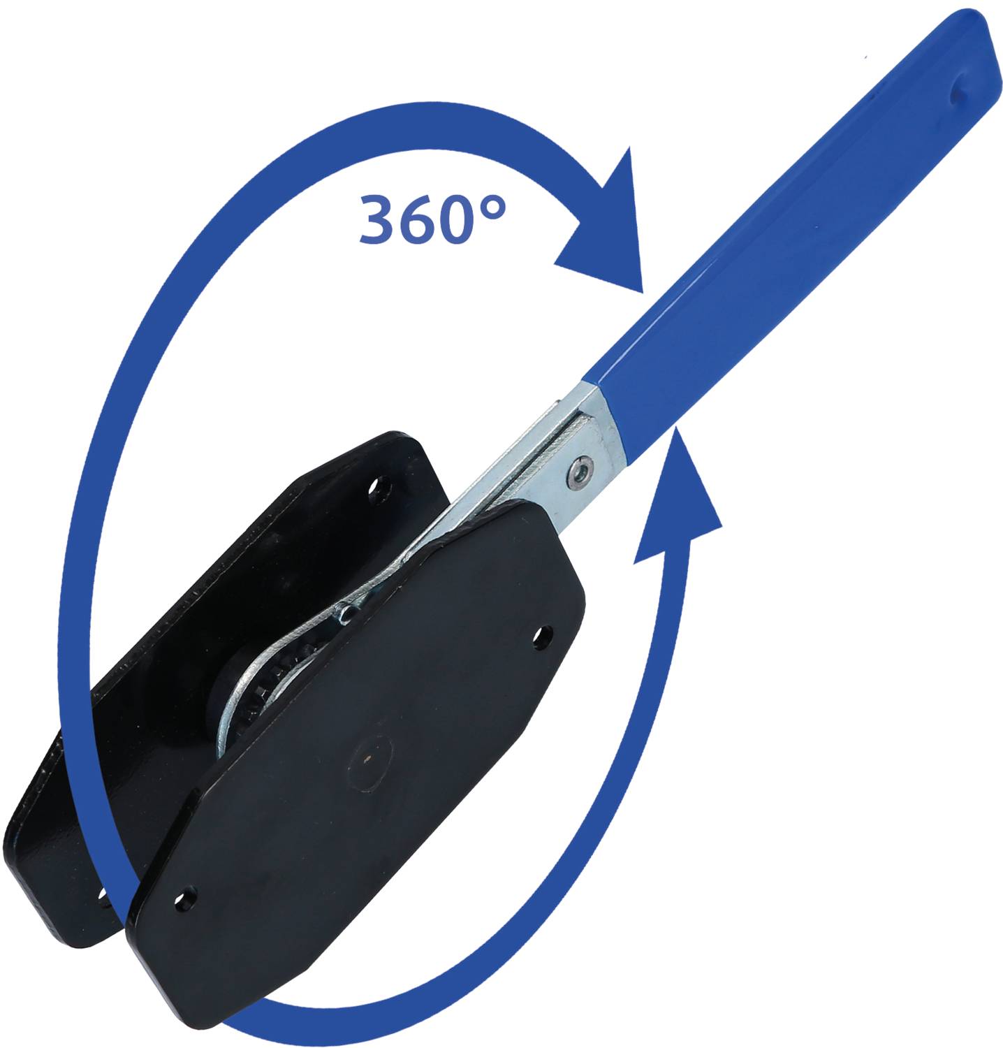 Ilustracja niebieskiej dźwigni, która może obracać się o 360 stopni, otoczonej niebieską strzałką wskazującą kierunek rotacji.