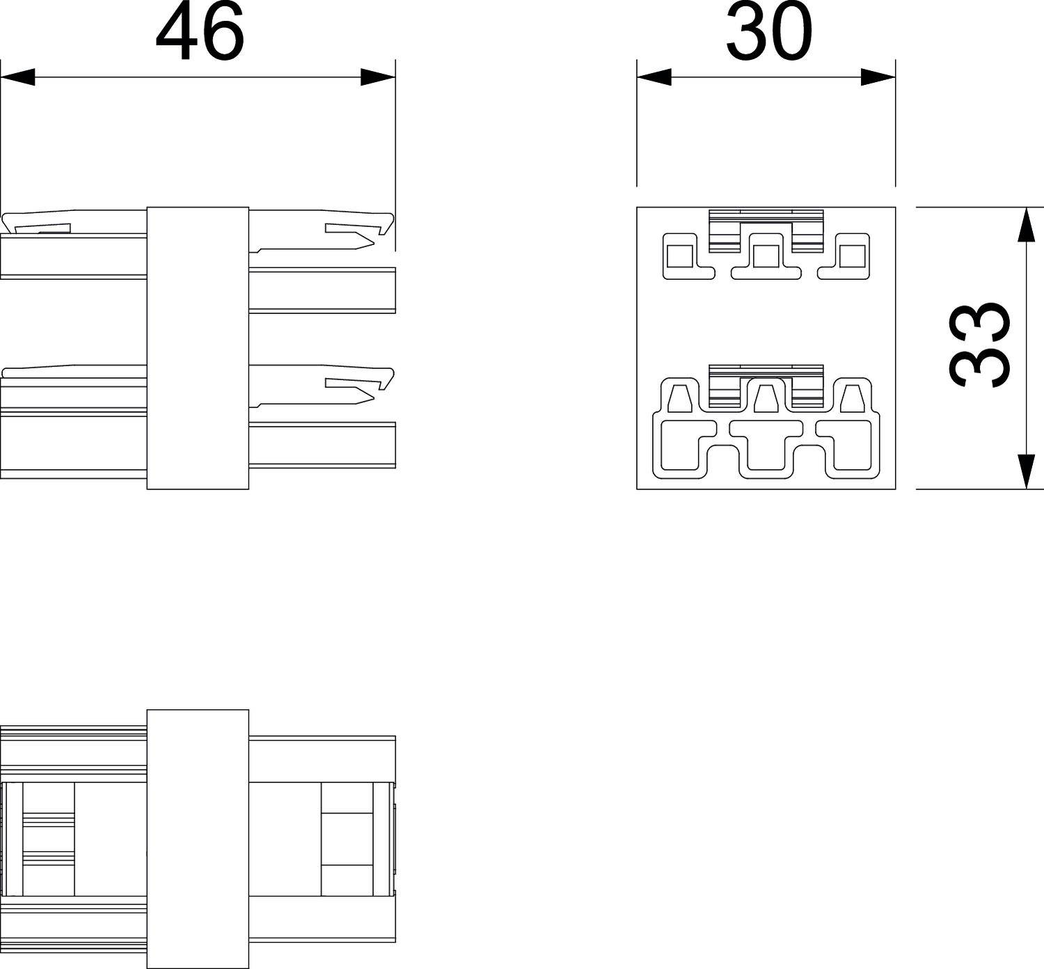 Rysunek techniczny złącza z wymiarami: szerokość 46 mm, wysokość 33 mm, głębokość 30 mm. Widok z przodu i z góry.